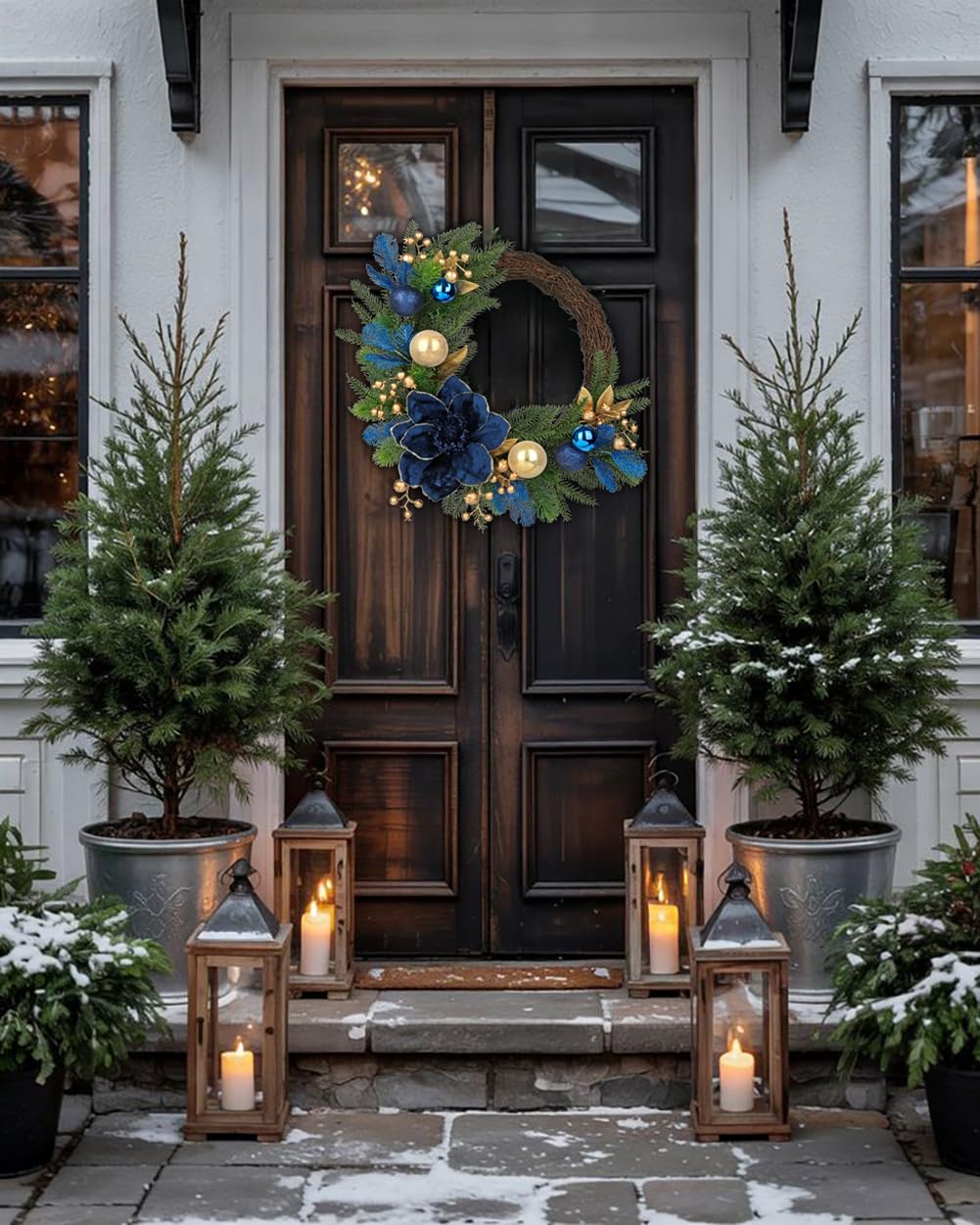 "20" Christmas Wreath for Front Door – Artificial Winter Half Wreath with Blue Velvet Maglonia Flower, Ball Ornaments, Berry Clusters for Indoor & Covered Outdoor Holiday Christmas Decoration "