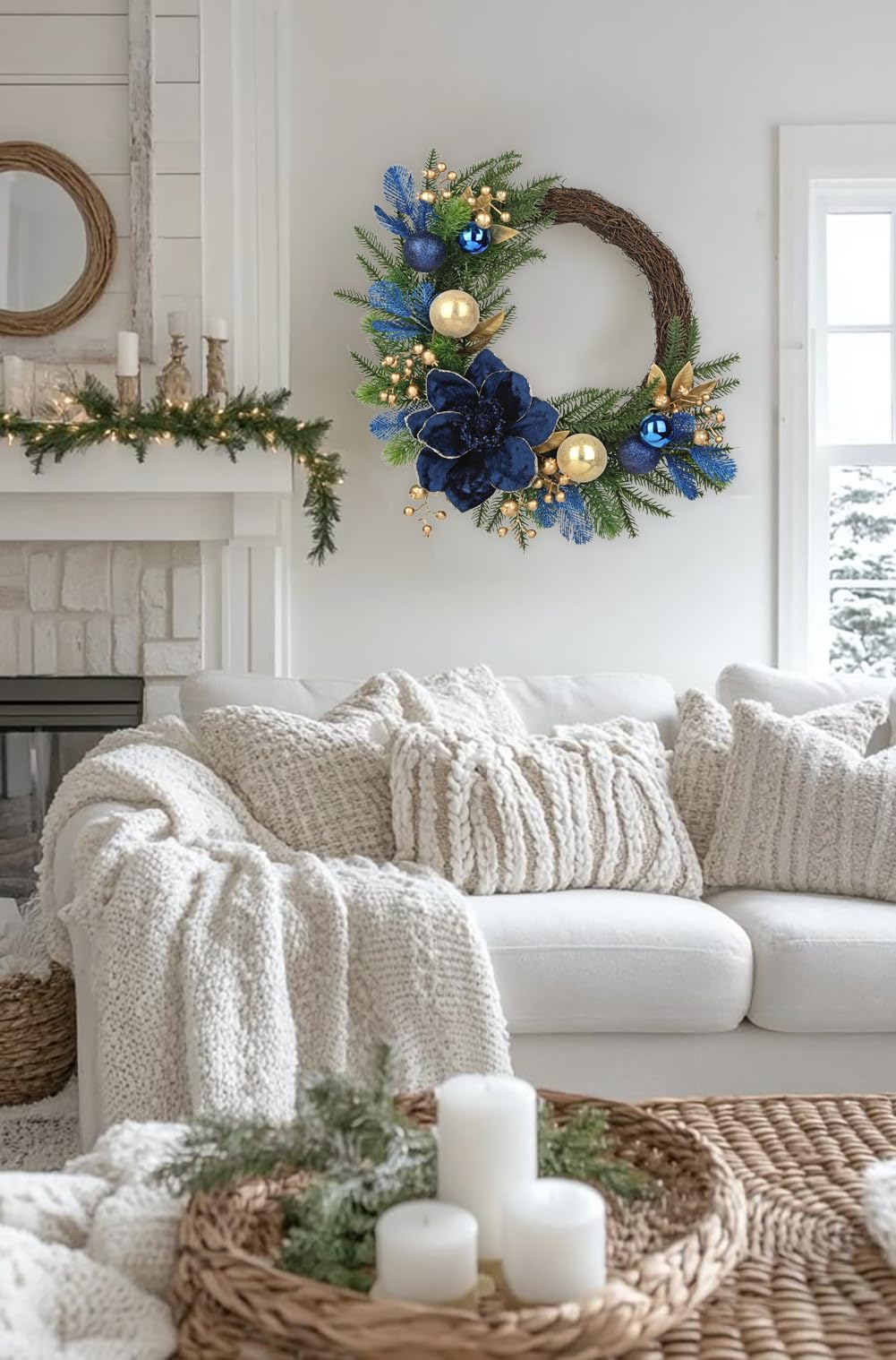 "20" Christmas Wreath for Front Door – Artificial Winter Half Wreath with Blue Velvet Maglonia Flower, Ball Ornaments, Berry Clusters for Indoor & Covered Outdoor Holiday Christmas Decoration "