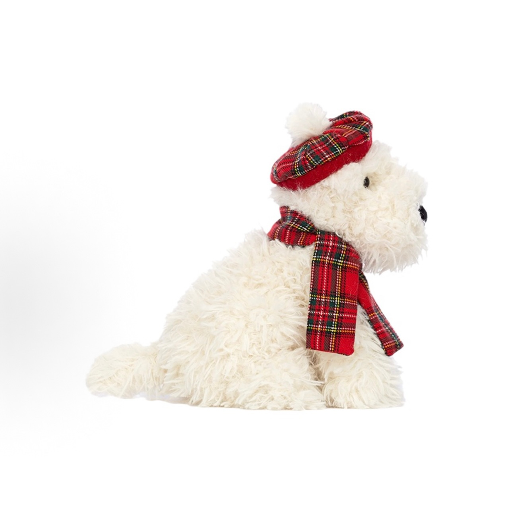 Monroe West Highland Terrier Plush Toy, White Scottie Dog Stuffed Animal with Red Tartan Beret & Scarf, Cute Soft Puppy Doll Christmas Holiday Gift for Kids