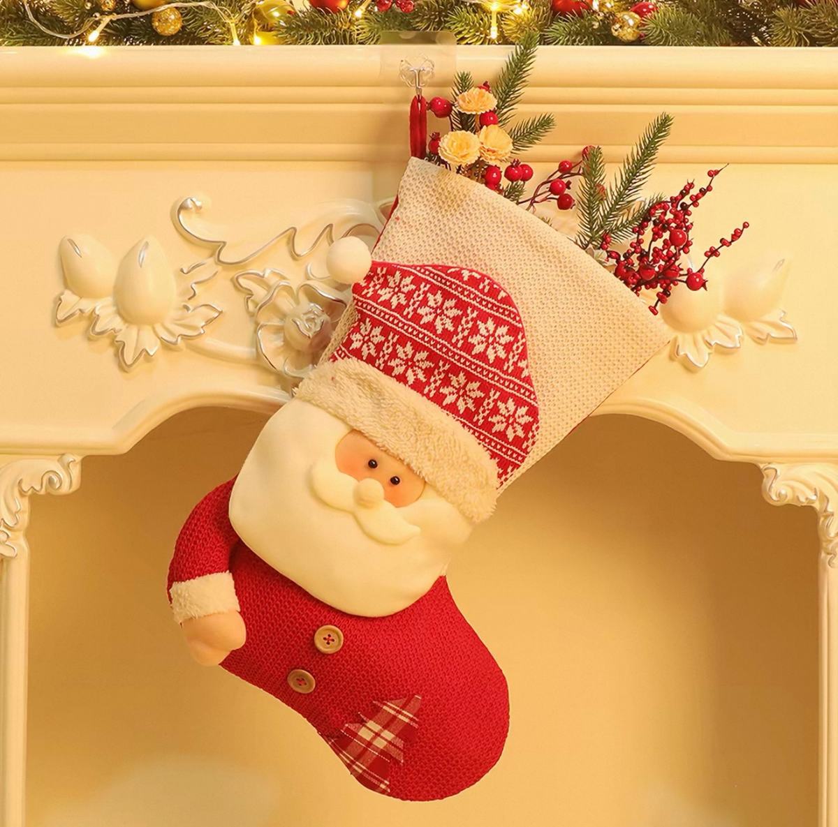 3D Santa Claus Christmas Stocking, Knitted Large Xmas Gift Sack with Pine Berry Floral, Fireplace Hanging Holiday Decor