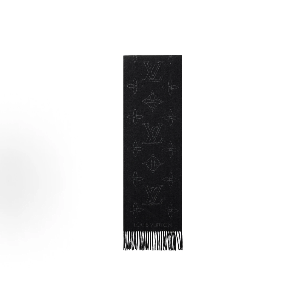 Black Dotted Monogram Reversible Fringed Winter Scarf