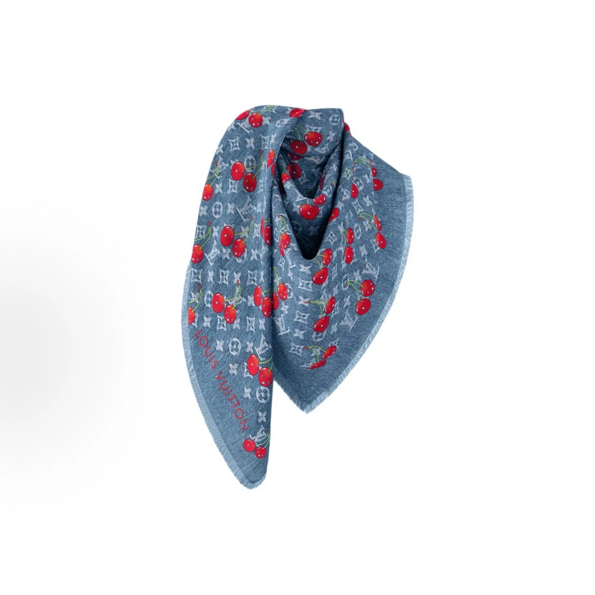 Denim Blue Cherry Print Fringed Square Shawl Scarf