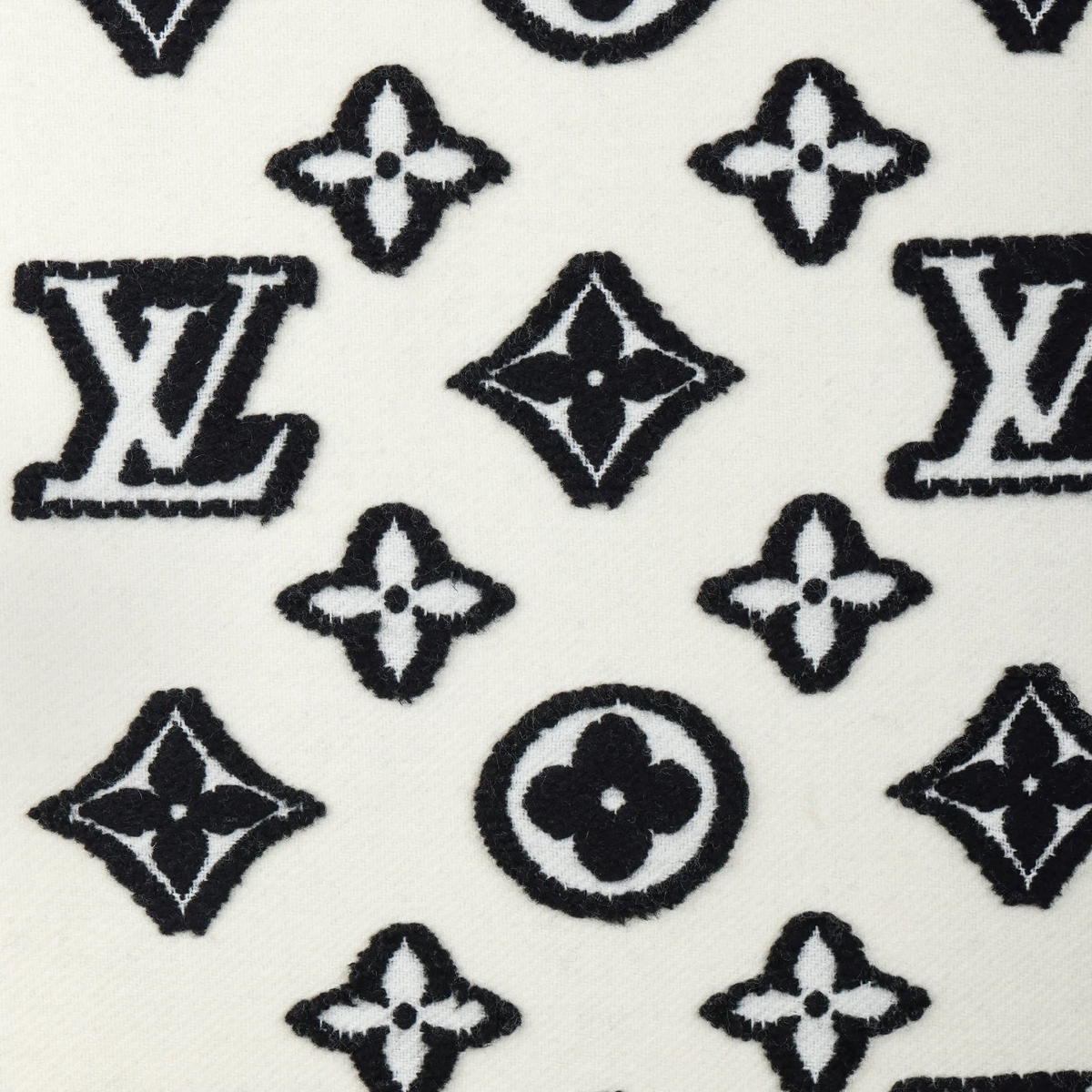 Cream‑Black Monogram Reversible Fringed Winter Scarf
