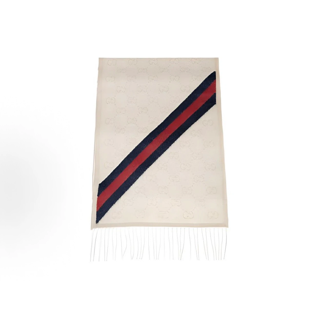 Gucci Re‑versible GG Jacquard Wool‑Silk Scarf Cream Off‑White Web Stripe Fringed Unisex Winter Shawl Wrap