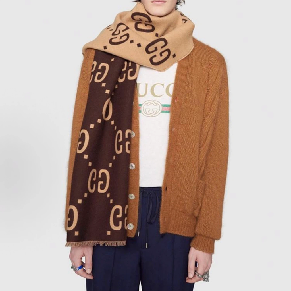 Gucci Reversible GG Jacquard Wool‑Silk Scarf Beige Dark Brown Fringed Unisex Winter Shawl Wrap