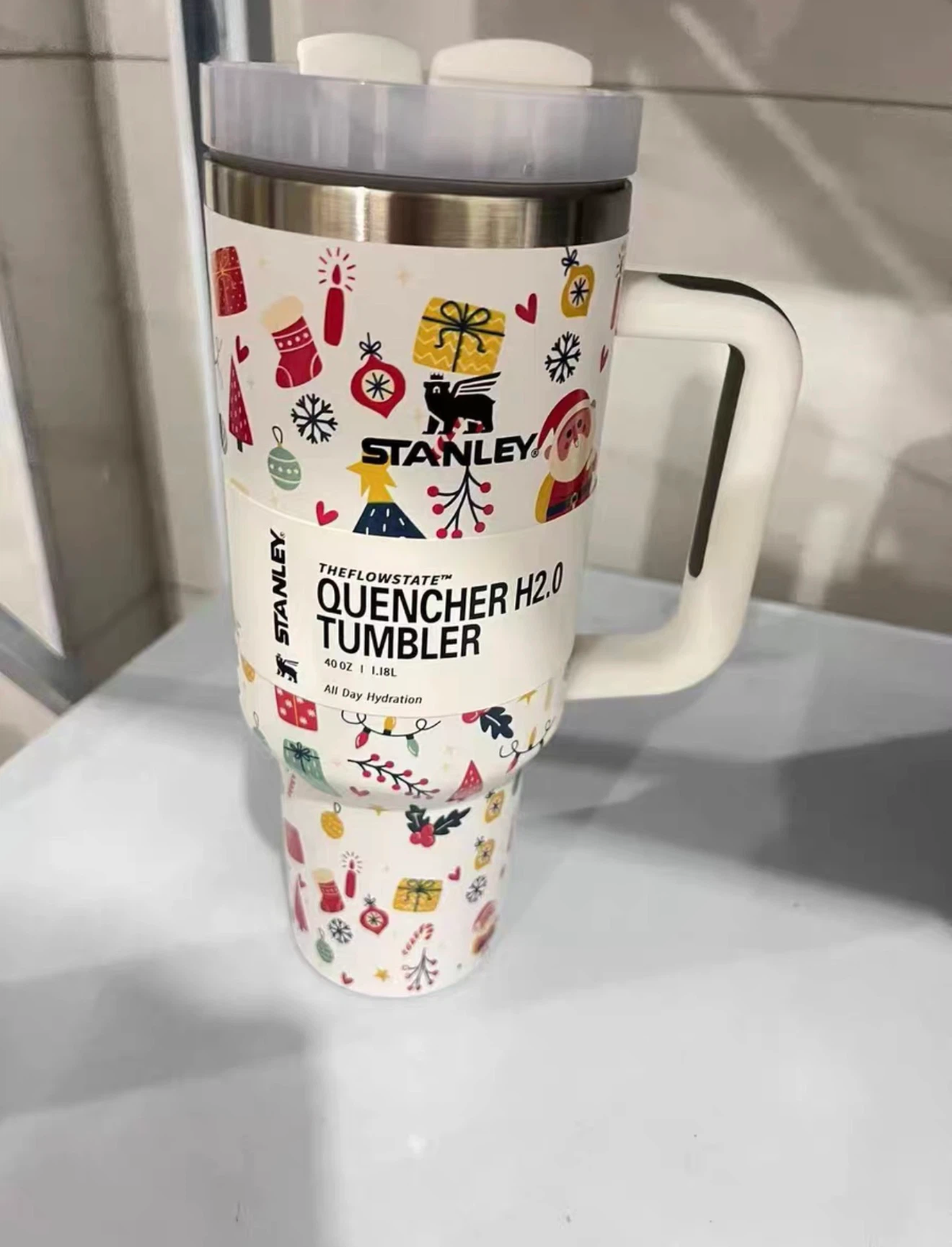 40oz Christmas Print Quencher Tumbler, Stainless Steel Insulated Travel Mug with Handle & Lid, Holiday Gift Cup