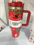 40oz Red Christmas Themed Insulated Tumbler, Stainless Steel Quencher Mug with Handle, Xmas Holiday Cup Gift
