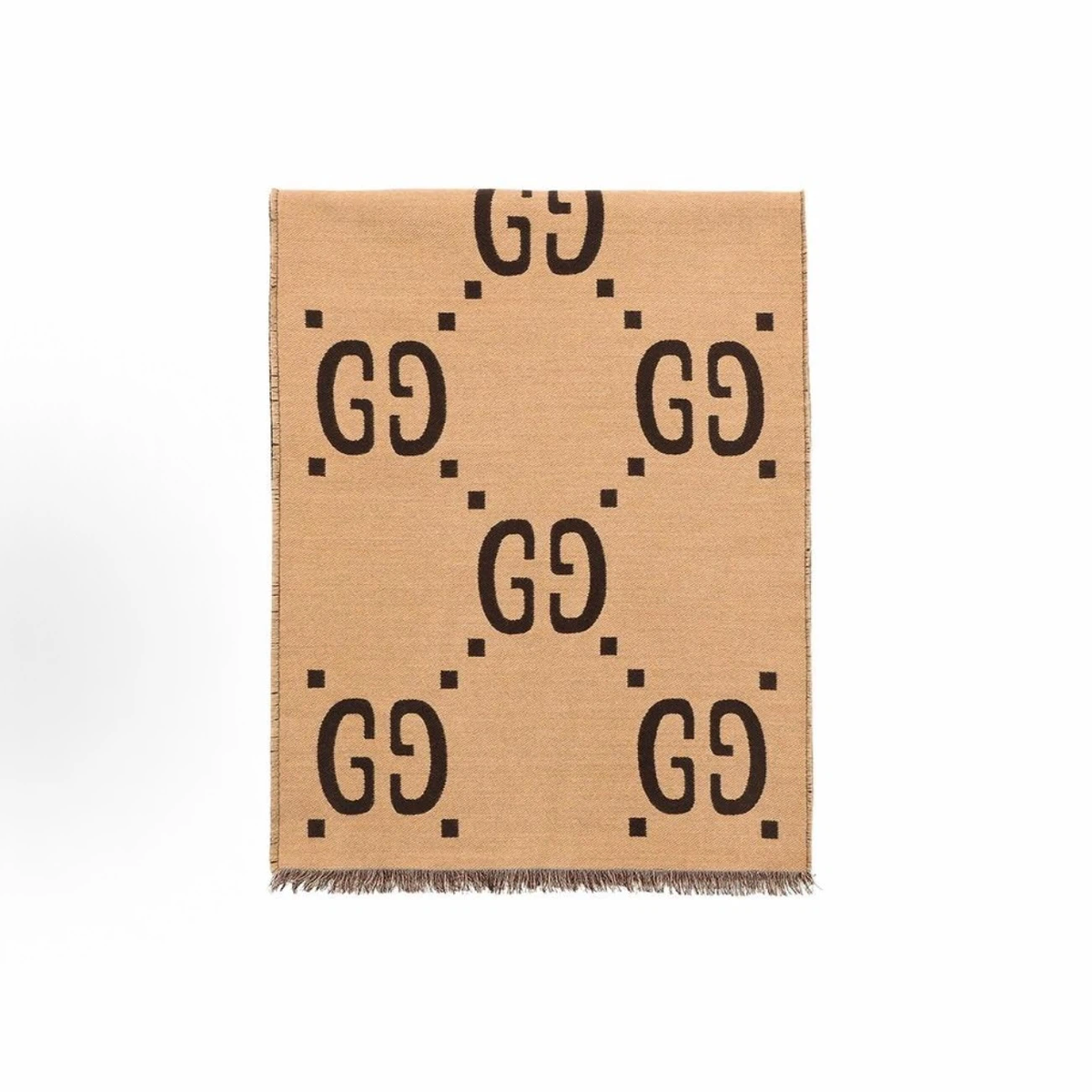 Gucci Reversible GG Jacquard Wool‑Silk Scarf Beige Dark Brown Fringed Unisex Winter Shawl Wrap