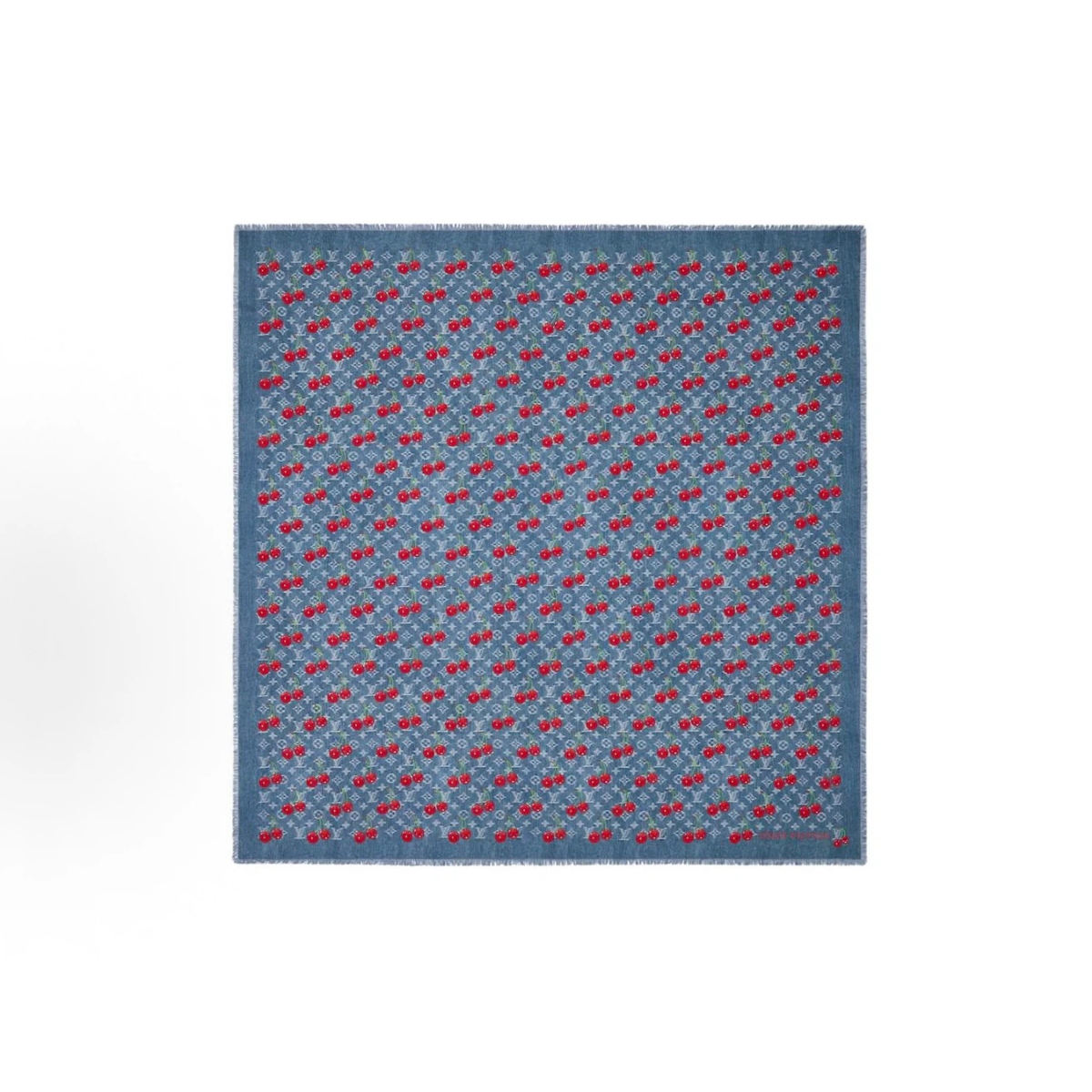 Denim Blue Cherry Print Fringed Square Shawl Scarf