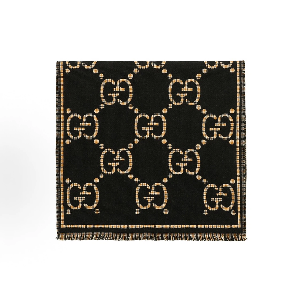 Gucci Reversible GG Check Wool Scarf, Black & Beige Monogram Fringed Unisex Winter Shawl Wrap