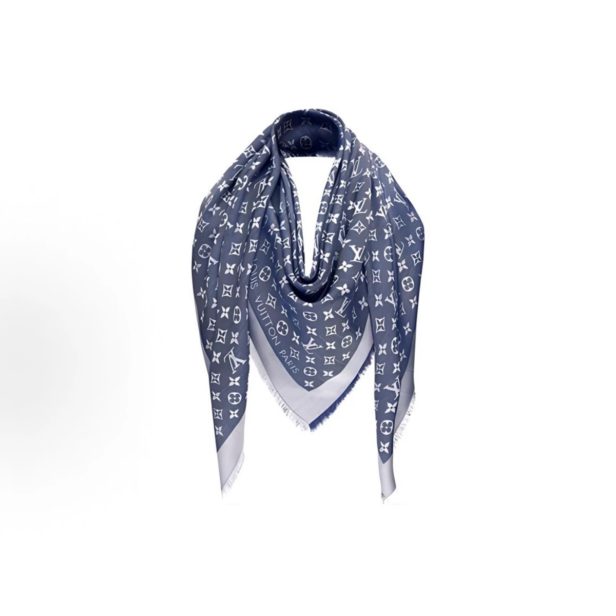 Navy Monogram Fringed Large Square Shawl Scarf