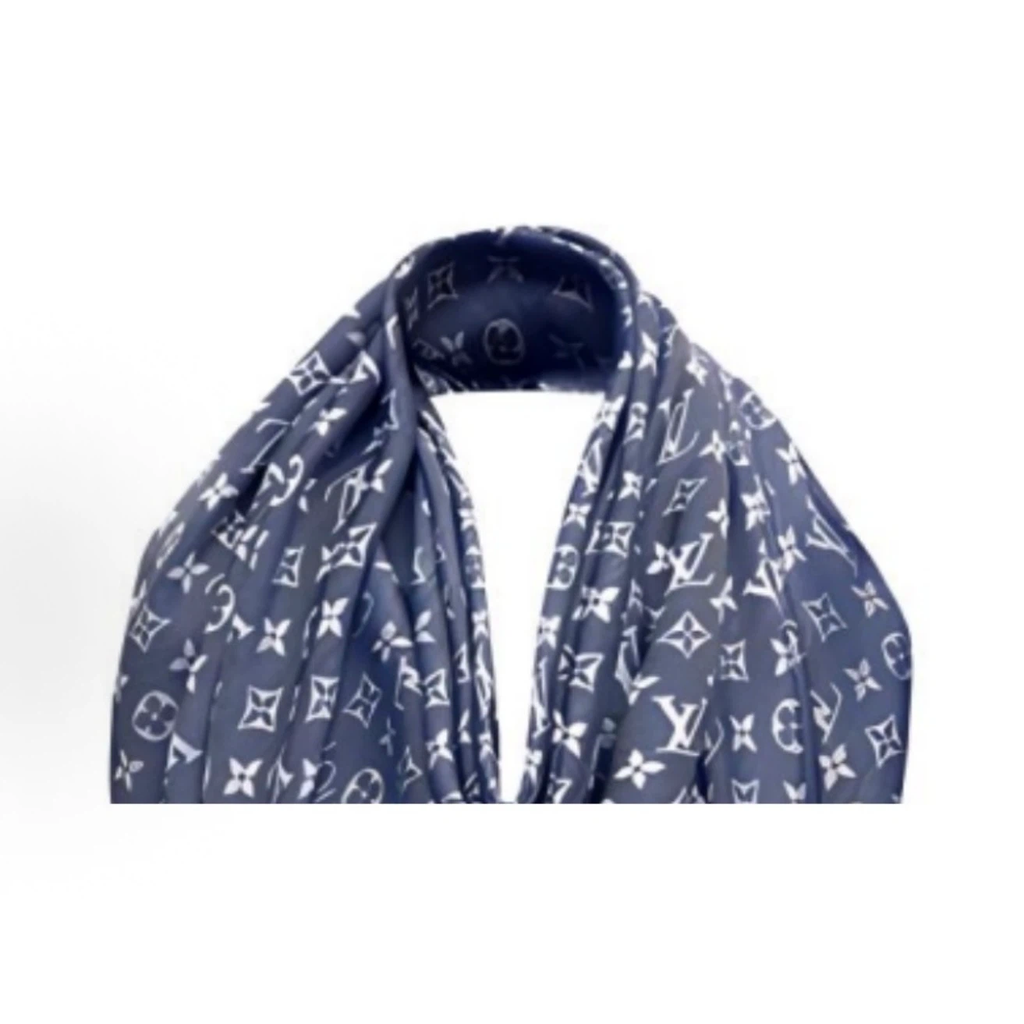 Navy Monogram Fringed Large Square Shawl Scarf