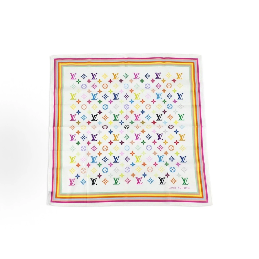 Rainbow Multicolor Monogram Square Satin Silk Scarf