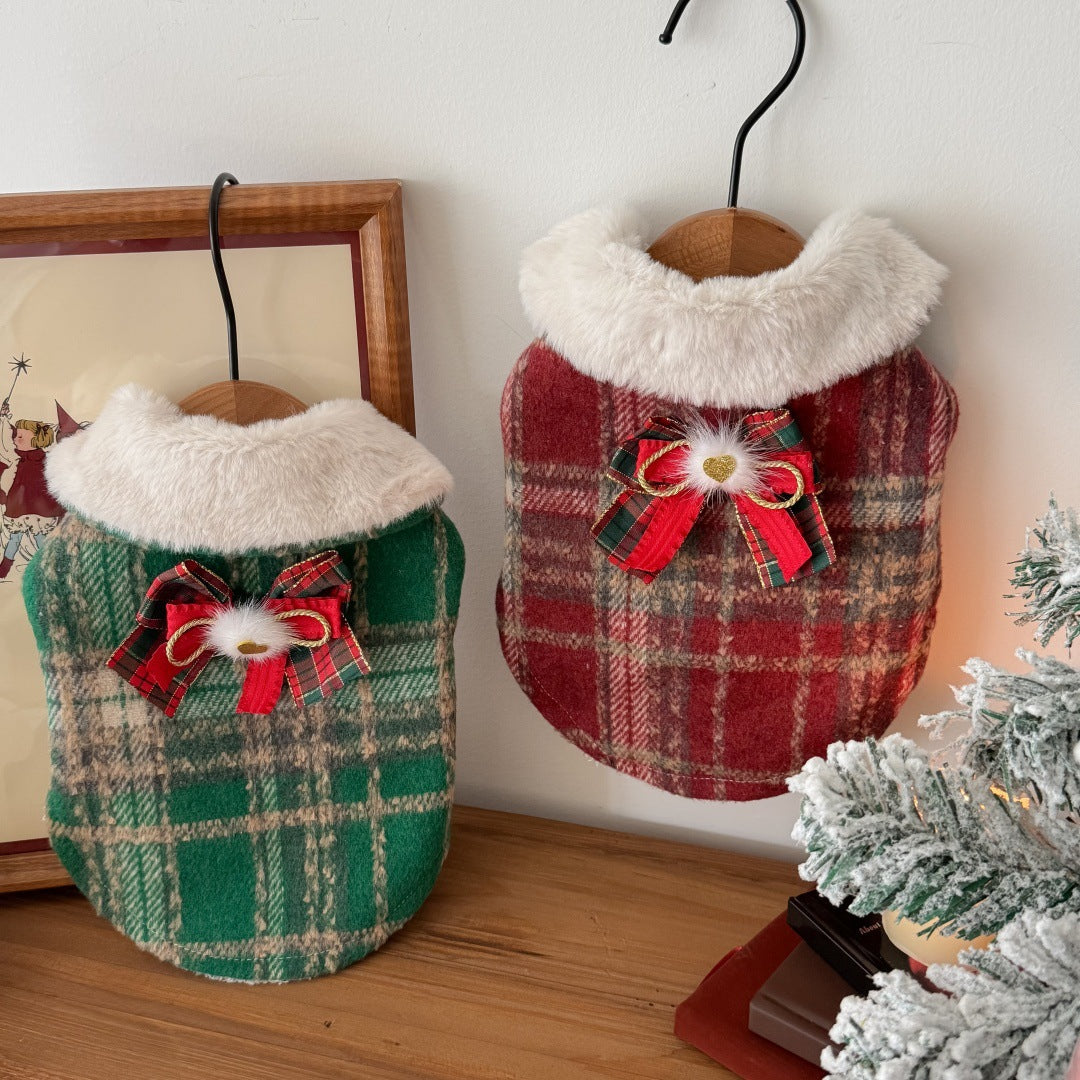 Xmas Fleece Collar Plaid Bow Dog Cat Cape