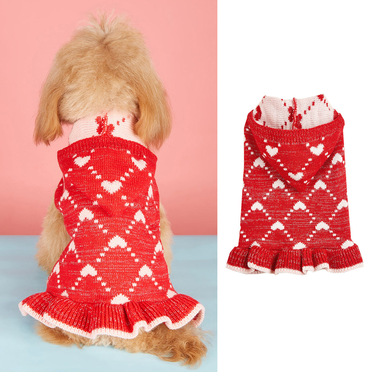 Heart Pattern Dog Cat Hooded Sweater Dress